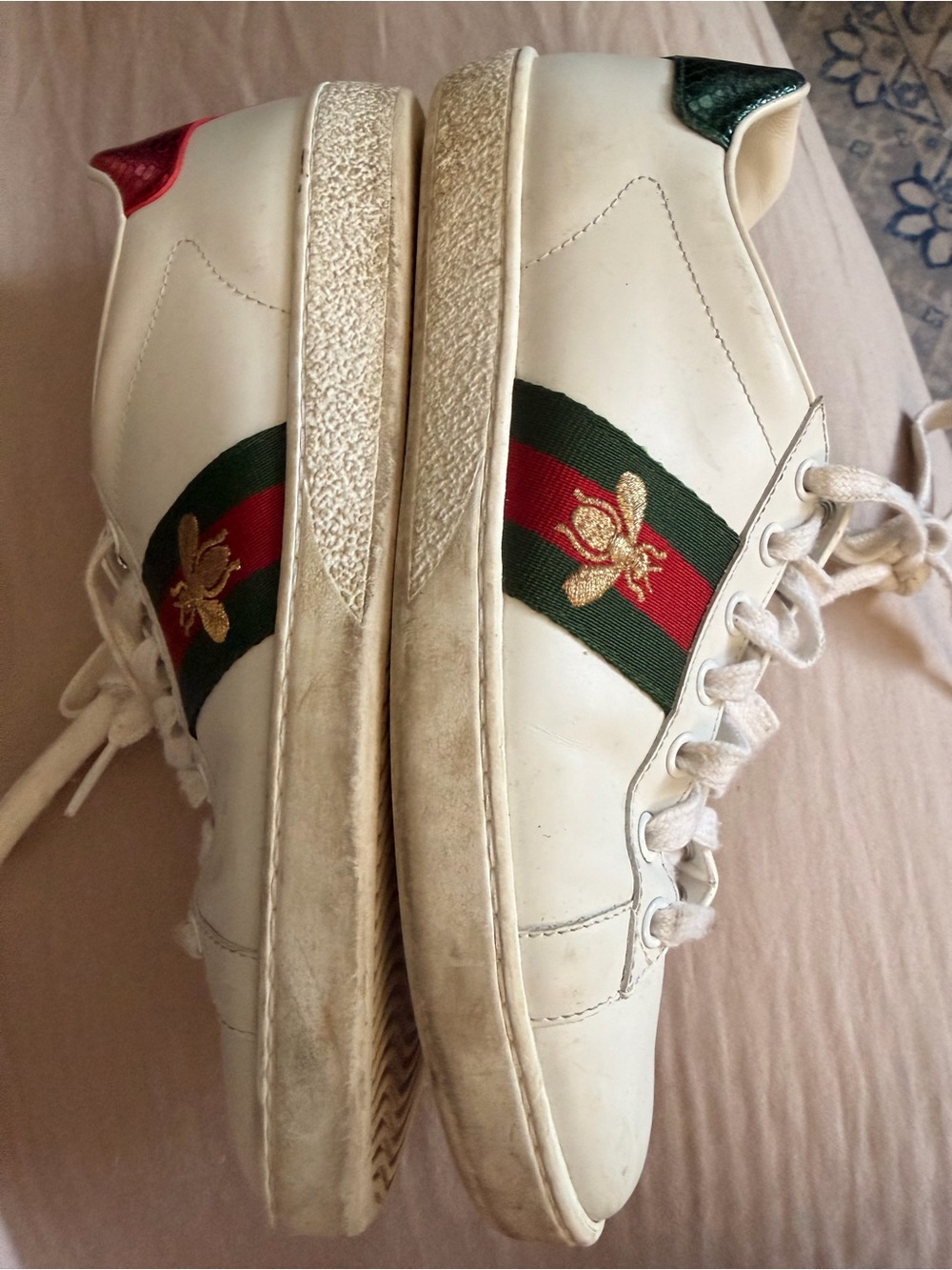 Gucci White Leather Sneakers with Green & Red Web and Gold Bee - Picture 12 of 12
